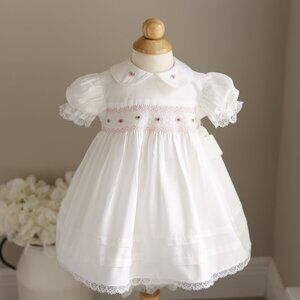 White Smocked Dress 9 Months Hand Embroidery Flower Girl Spring Portrait RARE